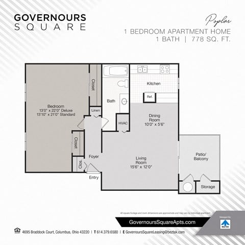 Floor plan for 1 bed, 1 bath, 778 sqft
